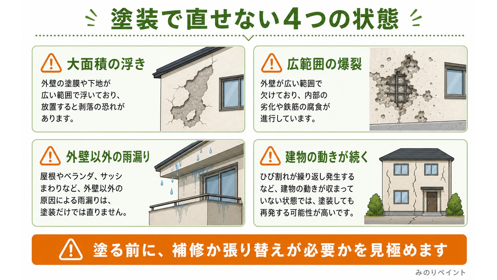 築50年の外壁で塗装だけでは直せない大面積の浮き、爆裂、雨漏り、建物の動きの4状態を示す図解