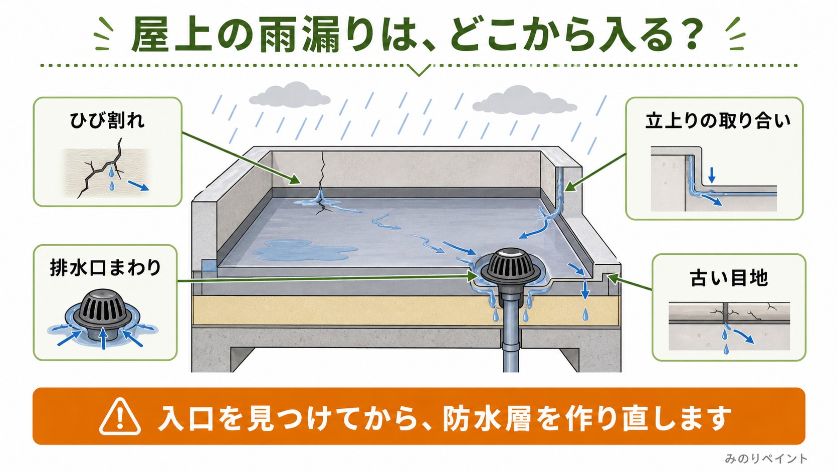 屋上の雨漏りがひび割れ、排水口まわり、立上りの取り合い、古い目地から入ることを示した図解
