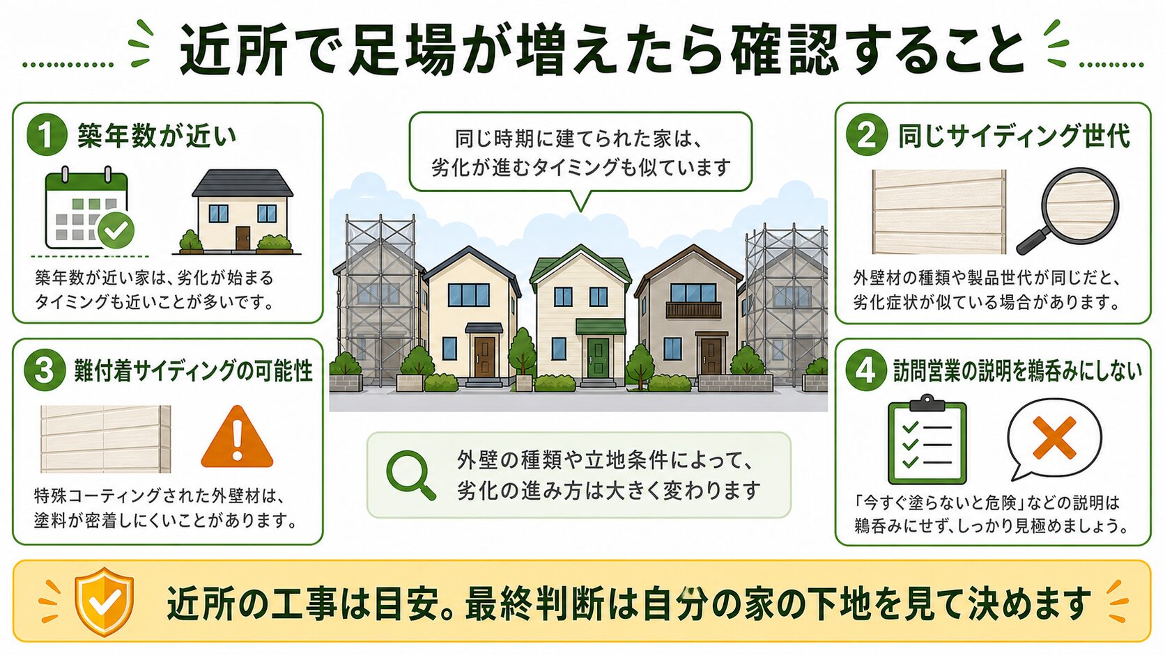 東大阪市加納で近所の足場が増えたときに、築年数、同じサイディング世代、難付着サイディング、訪問営業を確認する図解
