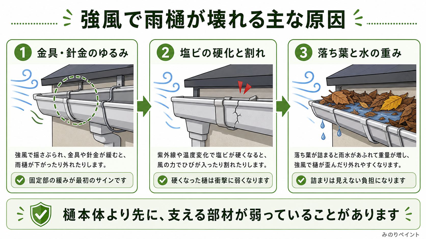 強風で雨樋が壊れる原因として、金具や針金のゆるみ、塩ビの硬化と割れ、落ち葉と水の重みを示した図解