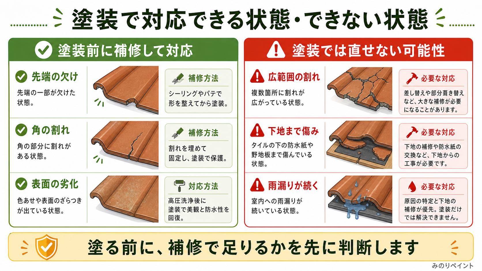 モニエル瓦で塗装前に補修して対応できる状態と、塗装では直せない可能性がある状態を比較した図解