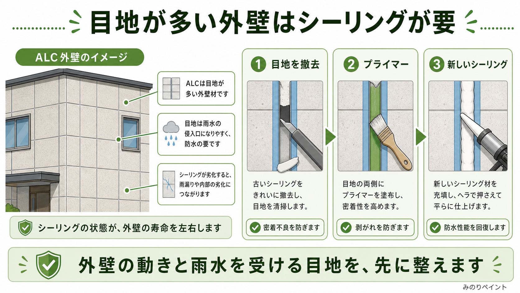 目地が多いALC外壁で、目地撤去、プライマー、新しいシーリングを行う流れの図解