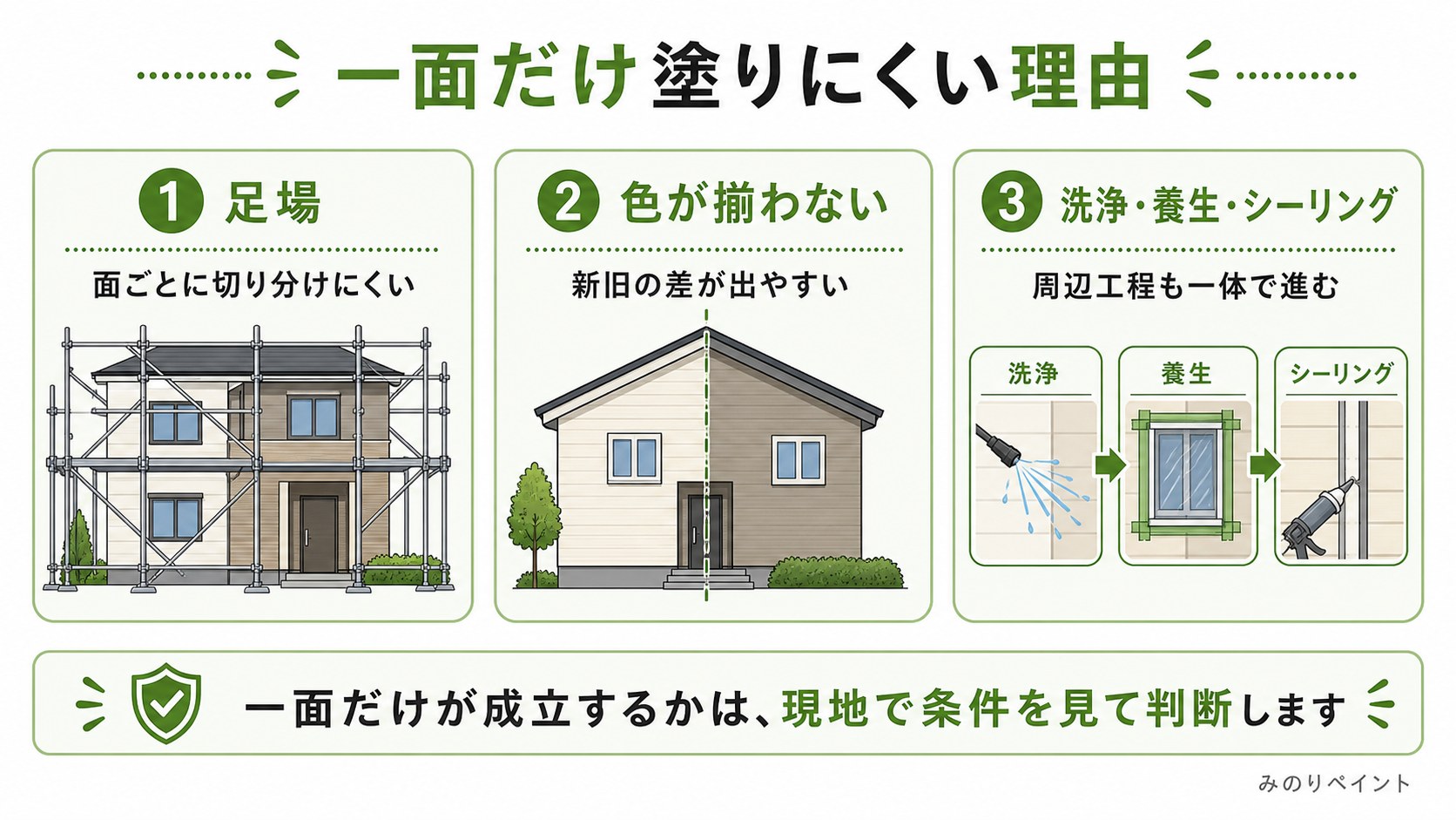 外壁を一面だけ塗りにくい理由として足場、色差、洗浄養生シーリングを示した図