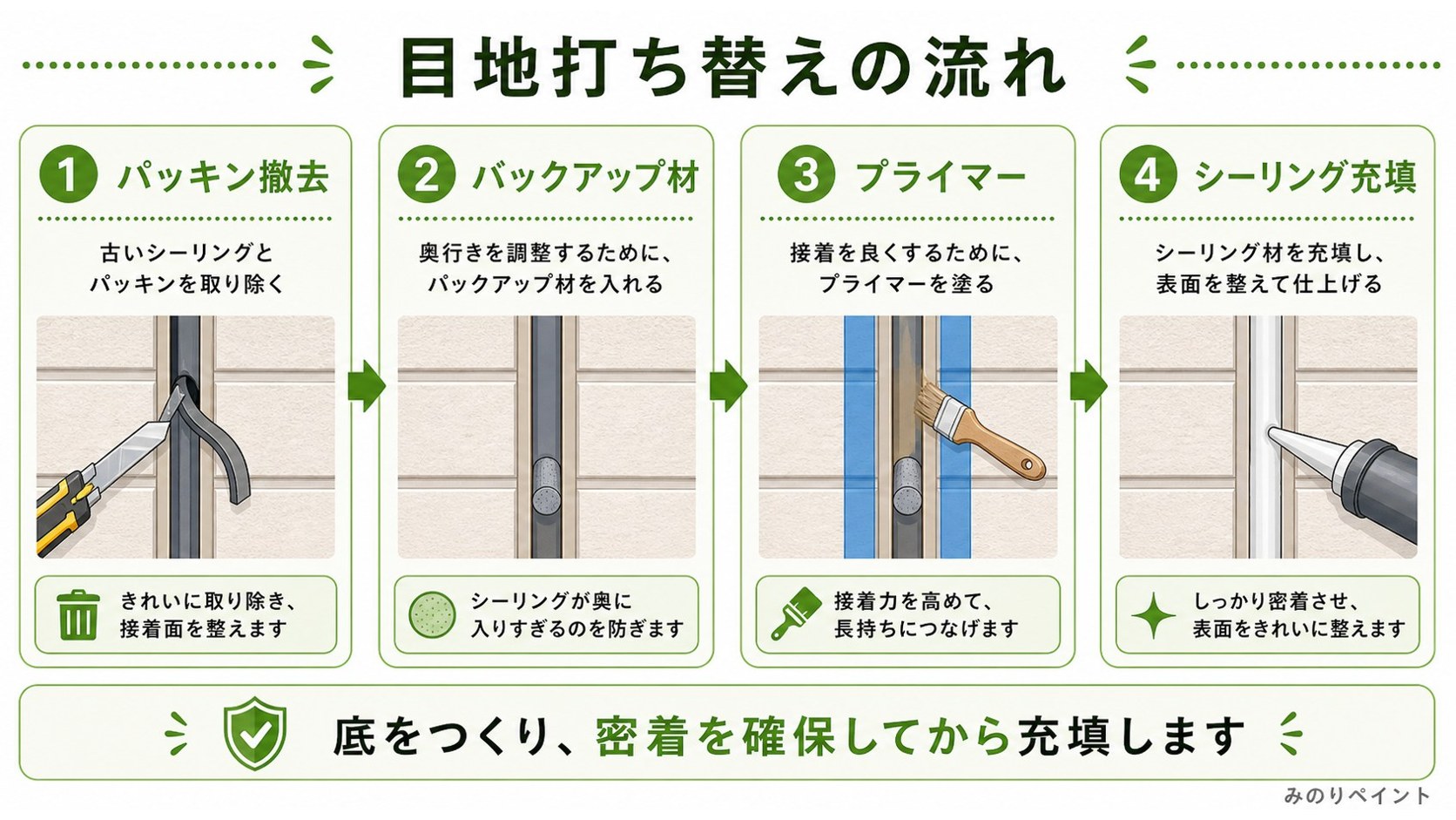 パッキン撤去からバックアップ材、プライマー、シーリング充填までの目地打ち替え工程図