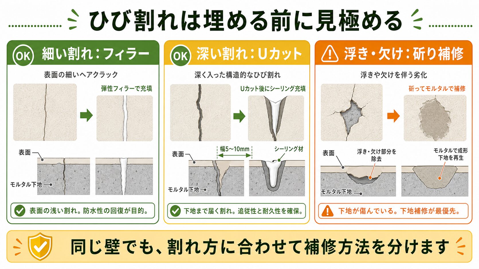モルタル外壁のひび割れを細い割れ、深い割れ、浮きや欠けで分け、フィラー、Uカット、斫り補修を判断する図解