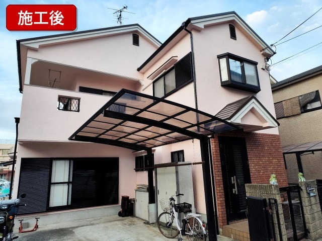 松原市別所 外壁塗装と遮熱屋根塗装が完了した施工後全景