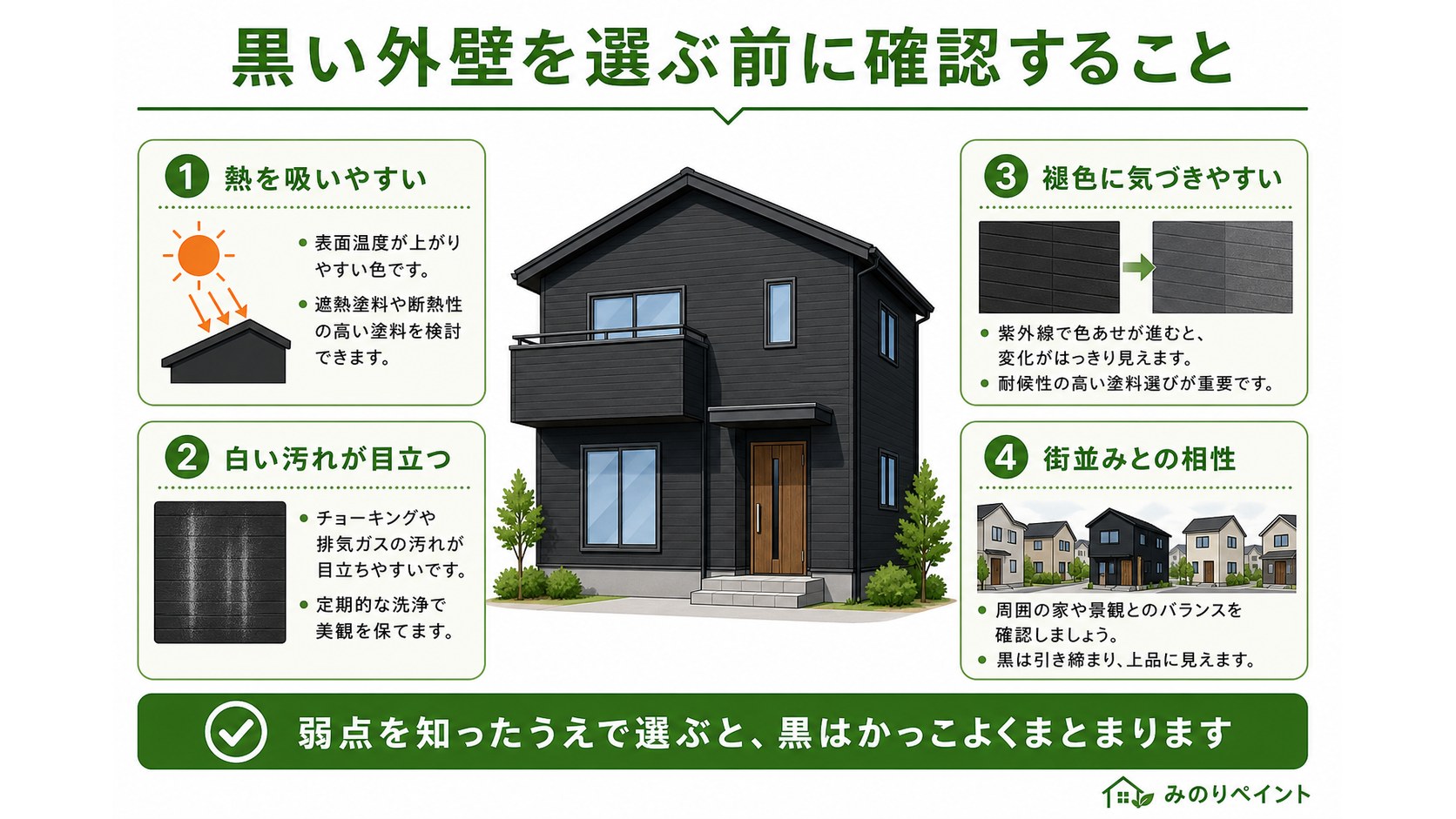 黒い外壁を選ぶ前に確認する熱、白い汚れ、褪色、街並みとの相性の4項目の図解