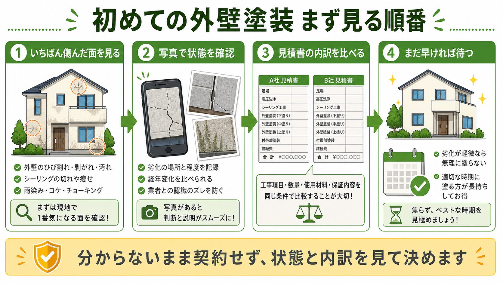 初めての外壁塗装で、傷んだ面、写真確認、見積書の内訳、待つ判断の順番を示した図解