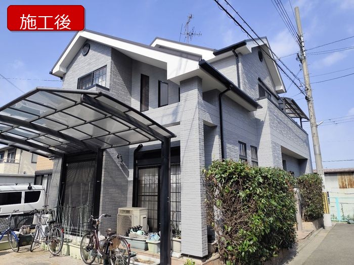 松原市大堀の築25年戸建て 外壁塗装後の全景 グレー仕上げ