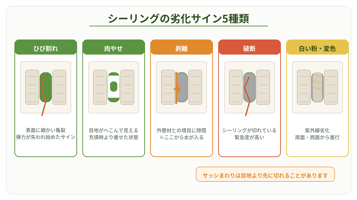 シーリングの劣化サイン5種類（ひび割れ・肉やせ・剥離・破断・変色）の比較図
