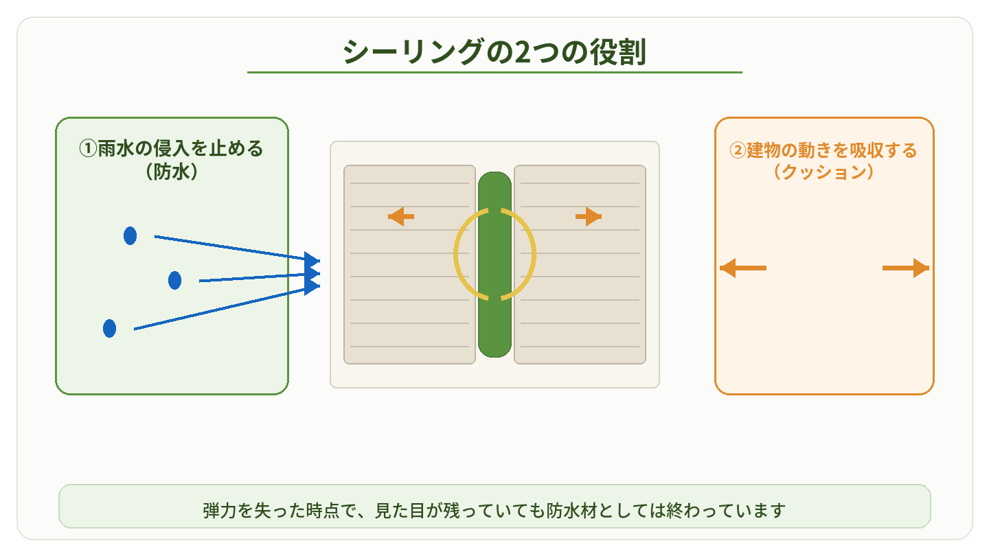 シーリングの2つの役割（防水と建物の動きを吸収するクッション）を示した断面図