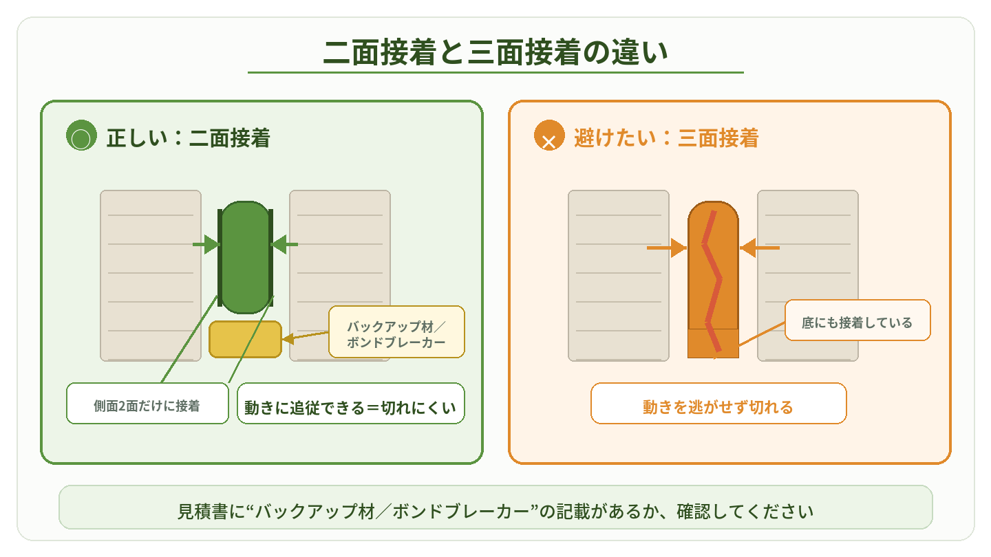 二面接着と三面接着の違いを示した目地の断面比較図（バックアップ材の役割）