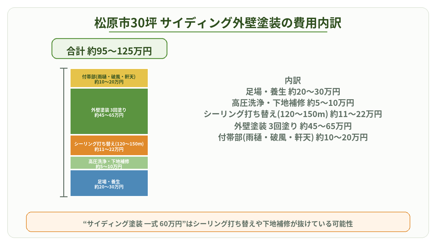 松原市30坪のサイディング外壁塗装の費用内訳の積み上げ図