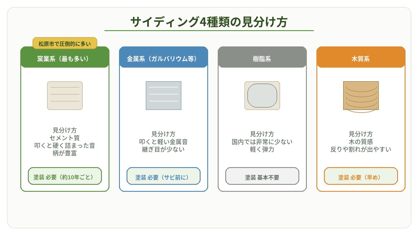 サイディング4種類（窯業系・金属系・樹脂系・木質系）の見分け方と塗装の必要性の比較図