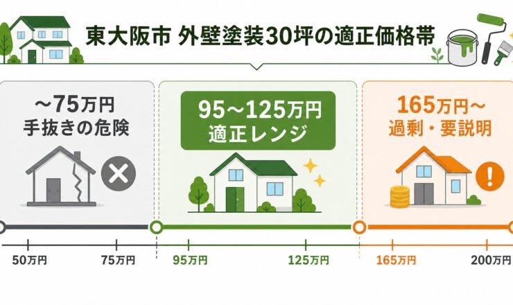 東大阪市の外壁塗装30坪の適正価格帯。75万円以下は手抜き疑い、95〜125万円が適正、165万円超は過剰