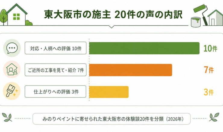 東大阪市の外壁塗装の評判・口コミ20件をテーマ別に整理した図解。対応・人柄10件、ご近所・紹介7件、仕上がり3件