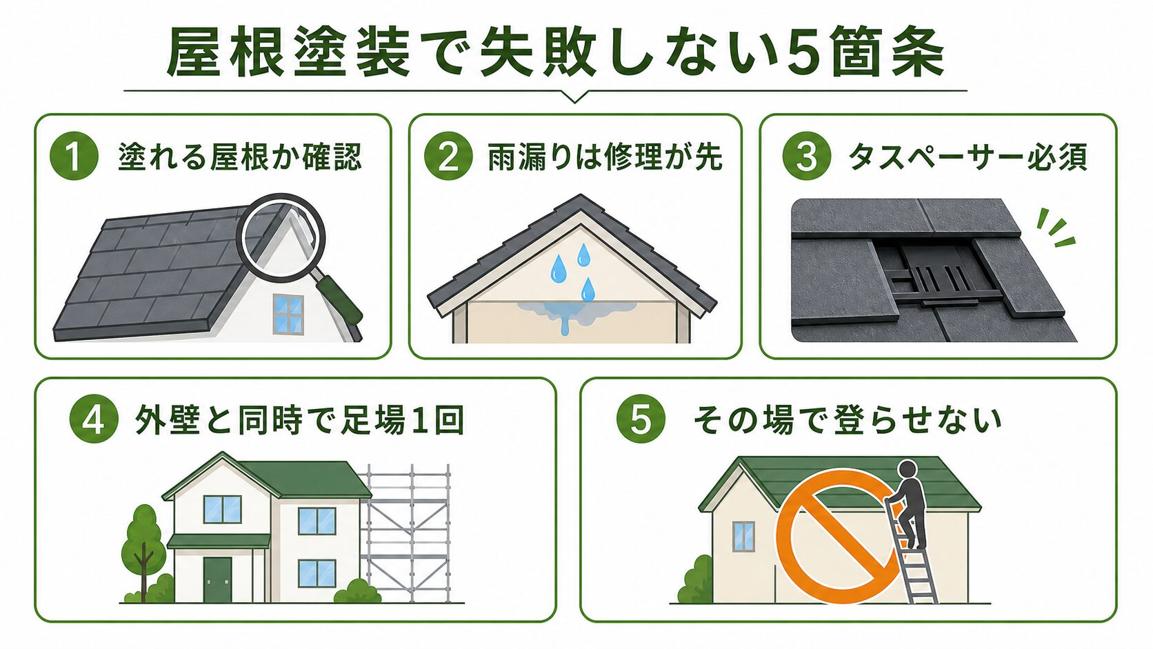 東大阪市の屋根塗装で失敗しないための5箇条。塗れる屋根かの確認、雨漏り修理が先、タスペーサー必須、外壁と同時施工、その場で登らせない