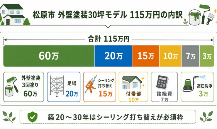 松原市の外壁塗装30坪モデル115万円の内訳。足場20万・洗浄3万・シーリング15万・塗装60万・付帯10万・諸経費7万