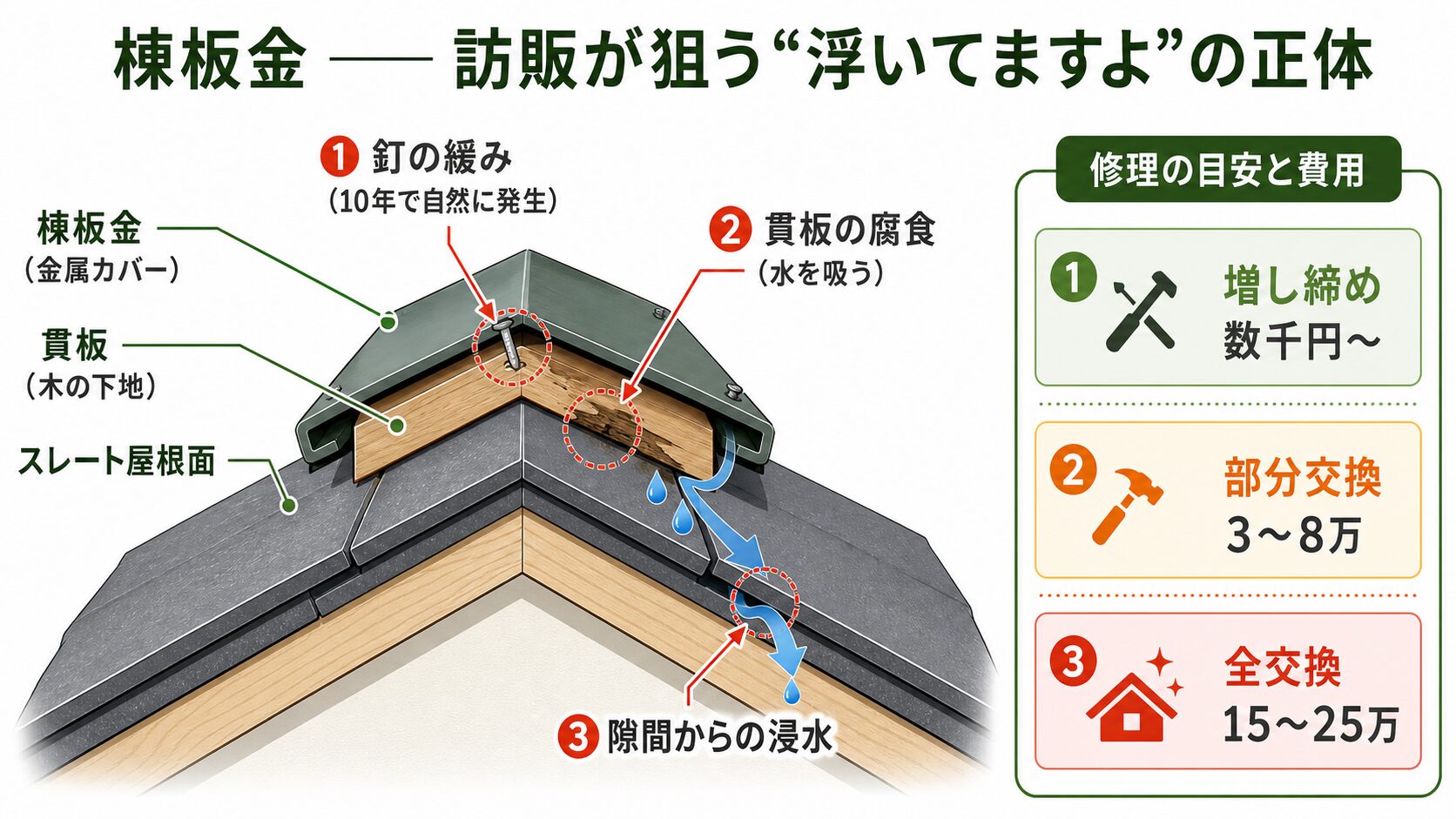 棟板金の構造と劣化の断面図。釘の緩み・貫板の腐食が台風での飛散につながる