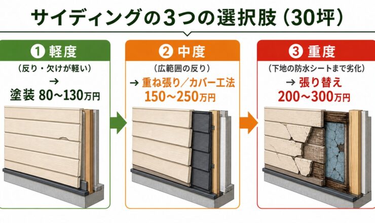 サイディングが傷んだときの3つの選択肢。塗装80〜130万、重ね張り150〜250万、張り替え200〜300万