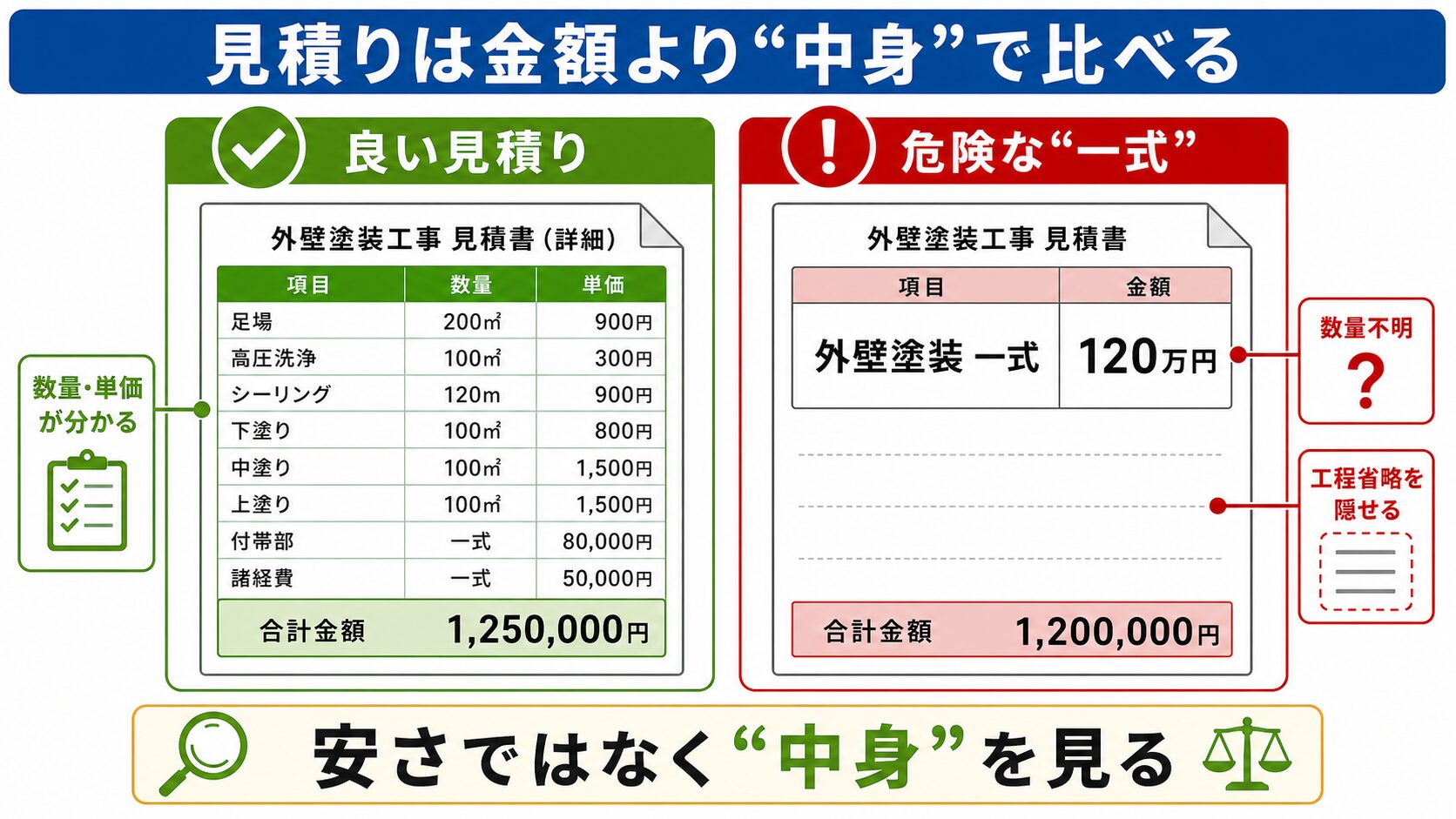 平野区の外壁塗装 見積もりの見方|相見積もりのコツ・項目別単価・「一式」表記の落とし穴 図解