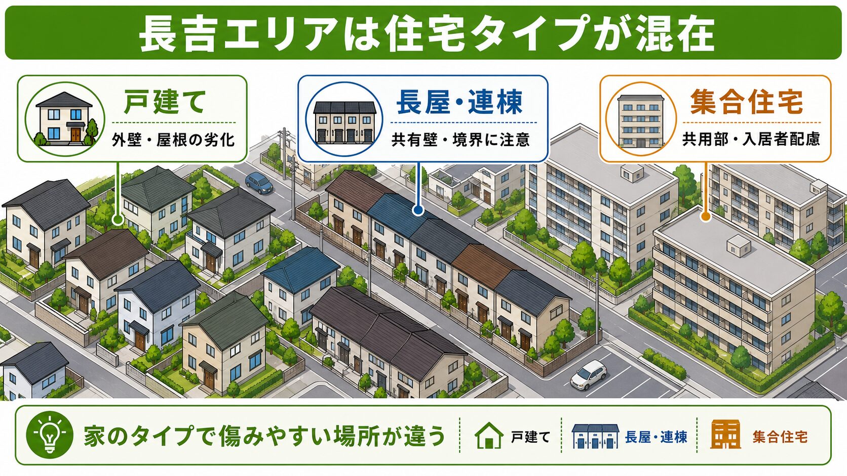 平野区長吉の外壁塗装|市営住宅と戸建て・長屋が混在する町の住宅事情と施工の勘所 図解