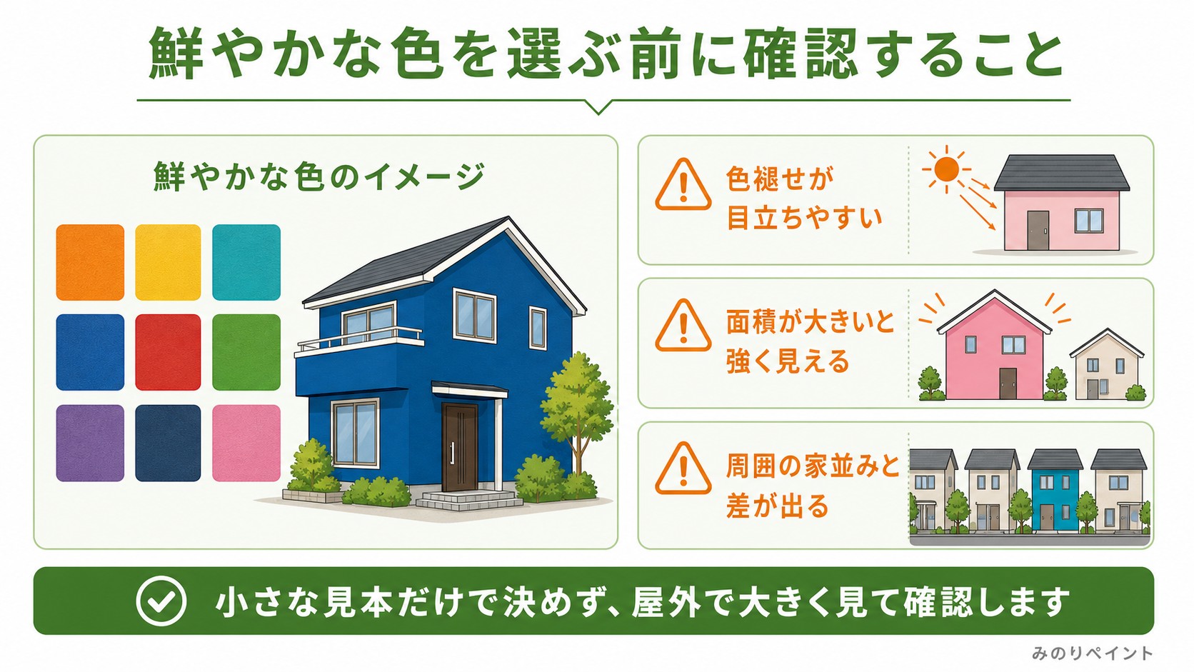 鮮やかな外壁色を選ぶ前に確認する3つの注意点の図解