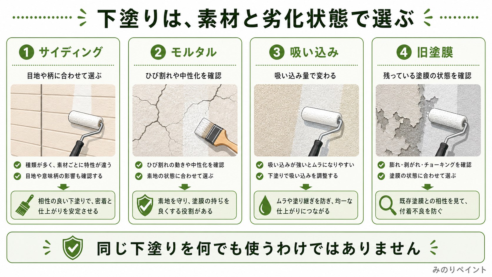 外壁塗装の下塗り、中塗り、上塗りそれぞれの役割を示した図