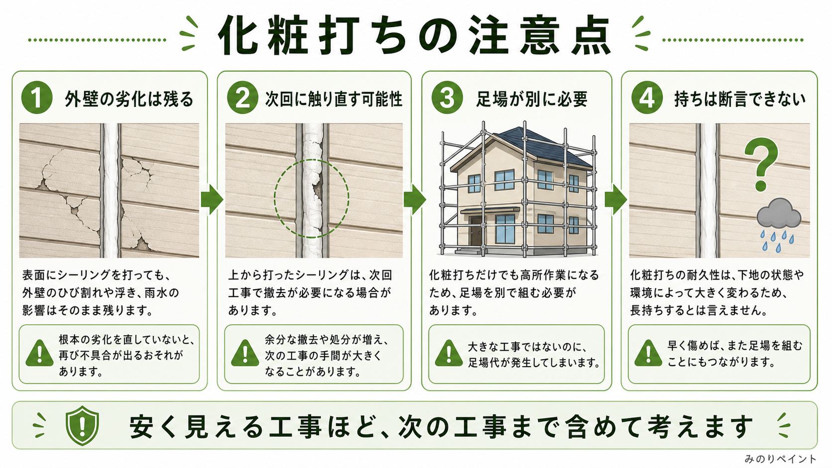 化粧打ちの注意点として、外壁劣化、次回の触り直し、足場、持ちを断言できないことを示した図解
