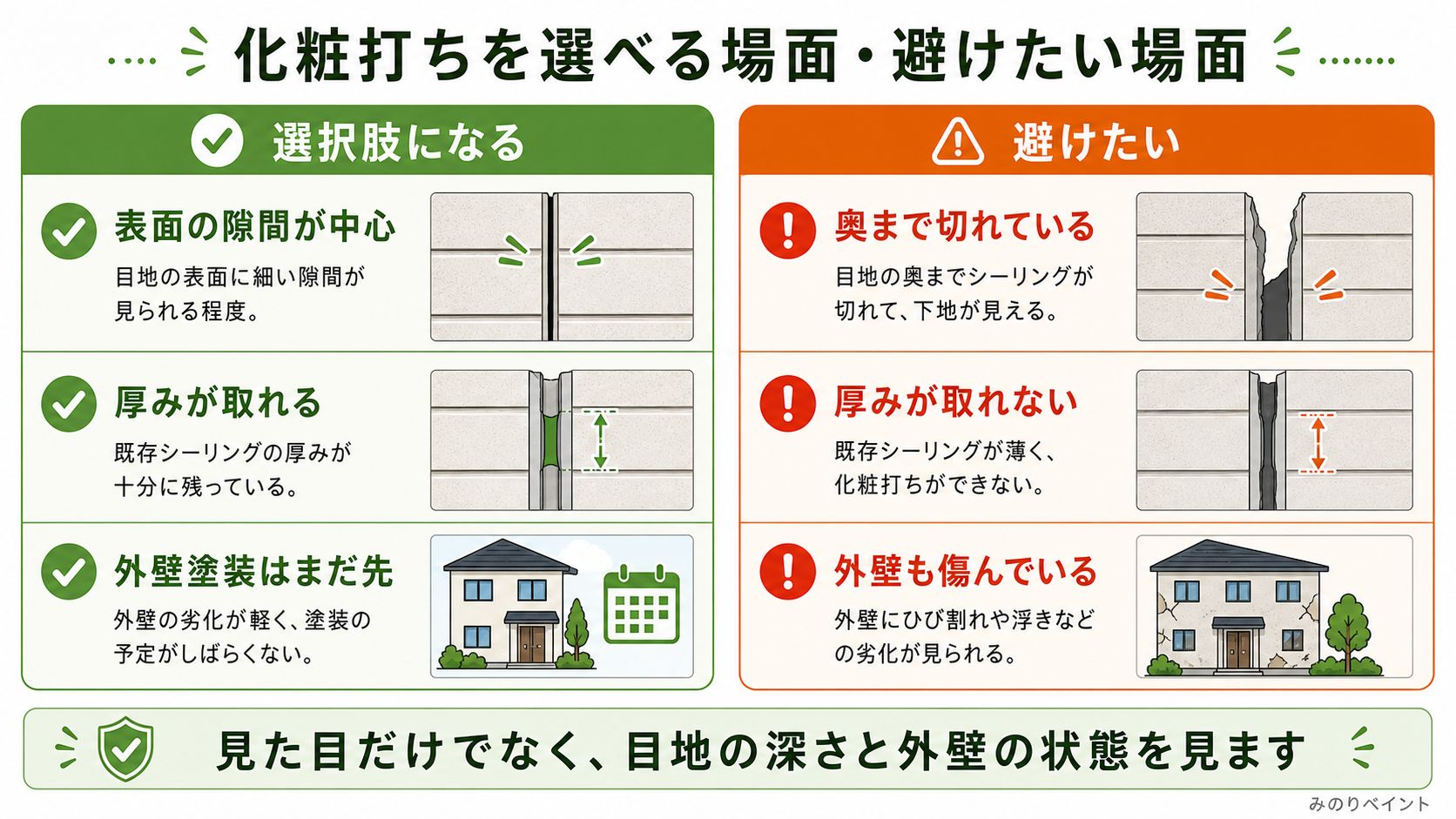 化粧打ちを選べる場面と避けたい場面を、目地の隙間、厚み、外壁の状態で比較した図解