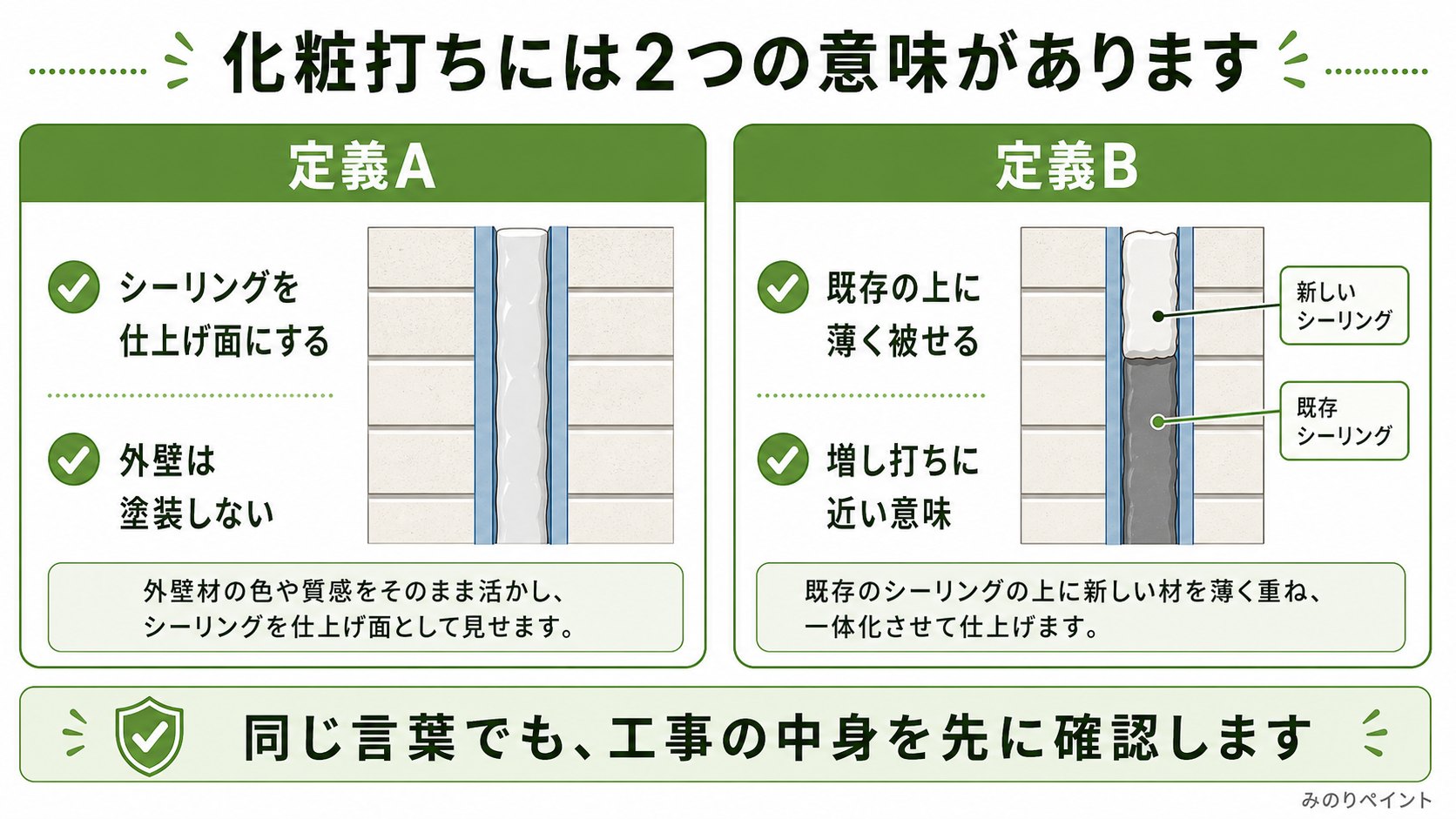 シーリングの化粧打ちの定義Aと定義Bを、仕上げ面にする工事と既存の上に薄く被せる工事に分けた図解