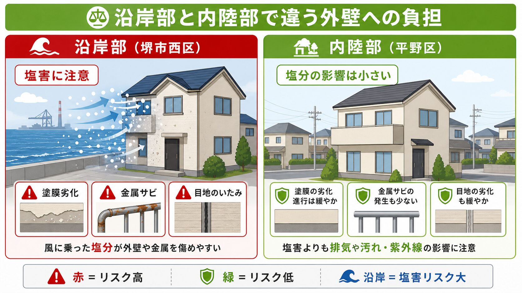 堺市西区の外壁塗装|浜寺・臨海部の潮風に配慮した塗料選びと施工事例【地元密着】 図解