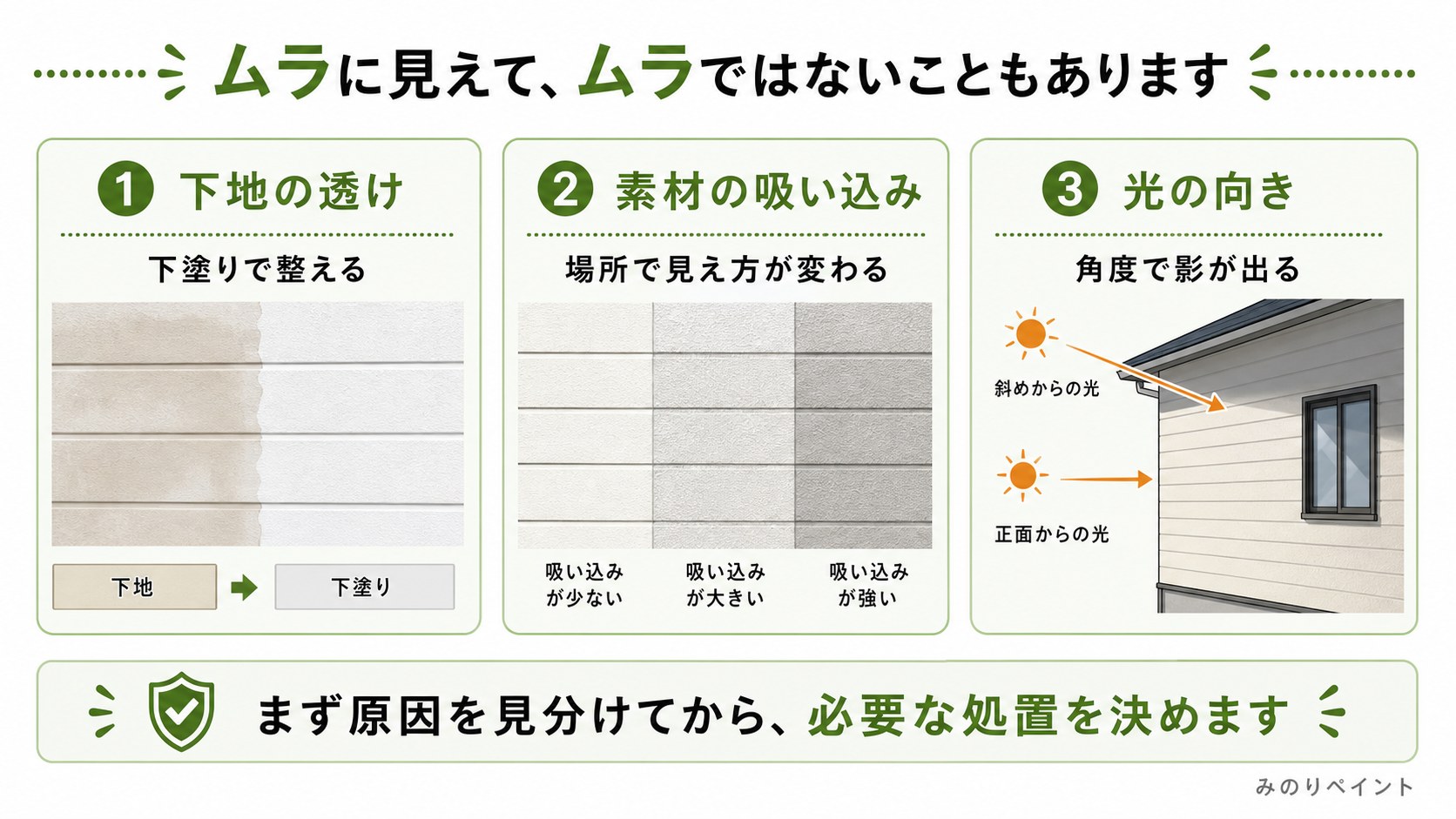 下地の透け、素材の吸い込み、光の向きでムラに見える場合があることを示した図
