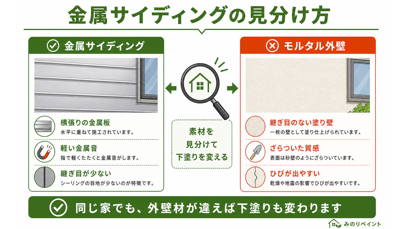 金属サイディングとモルタル外壁の見分け方を示した比較図