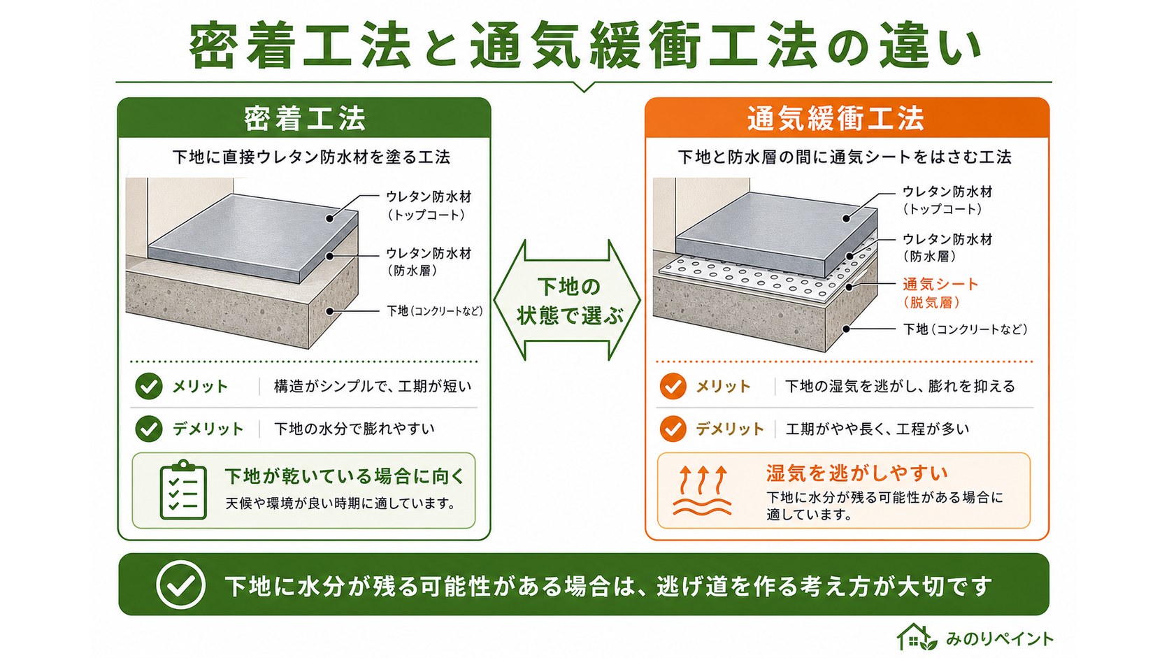 ウレタン防水の密着工法と通気緩衝工法の違いを示した断面比較図