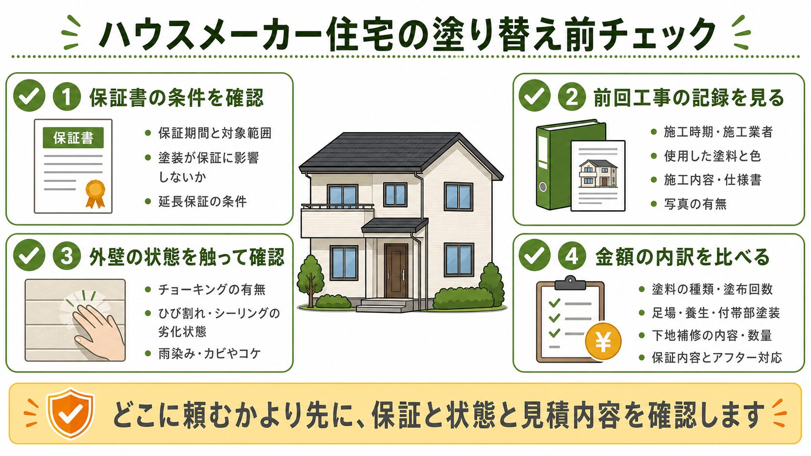 ハウスメーカー住宅の塗り替え前に、保証書、前回工事の記録、外壁状態、見積内容を確認する図解