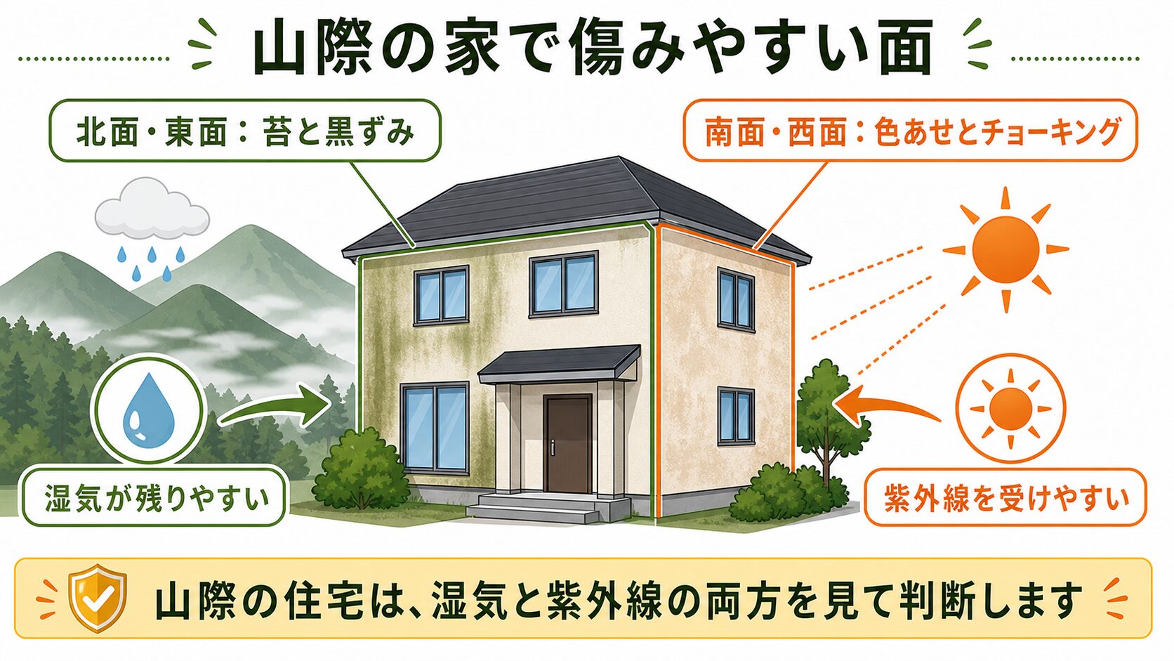 山際の住宅で北面や東面は苔と黒ずみ、南面や西面は色あせとチョーキングが出やすいことを示した図解
