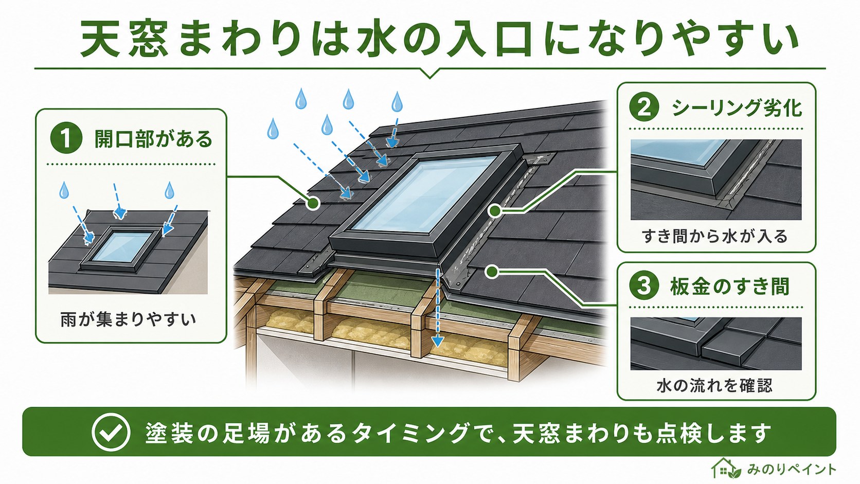 天窓まわりが水の入口になりやすい理由。開口部、シーリング劣化、板金のすき間を示した図解