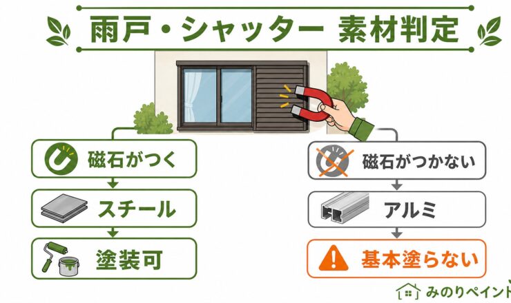 雨戸とシャッターの素材を磁石で判定し塗装可否を見分ける図解