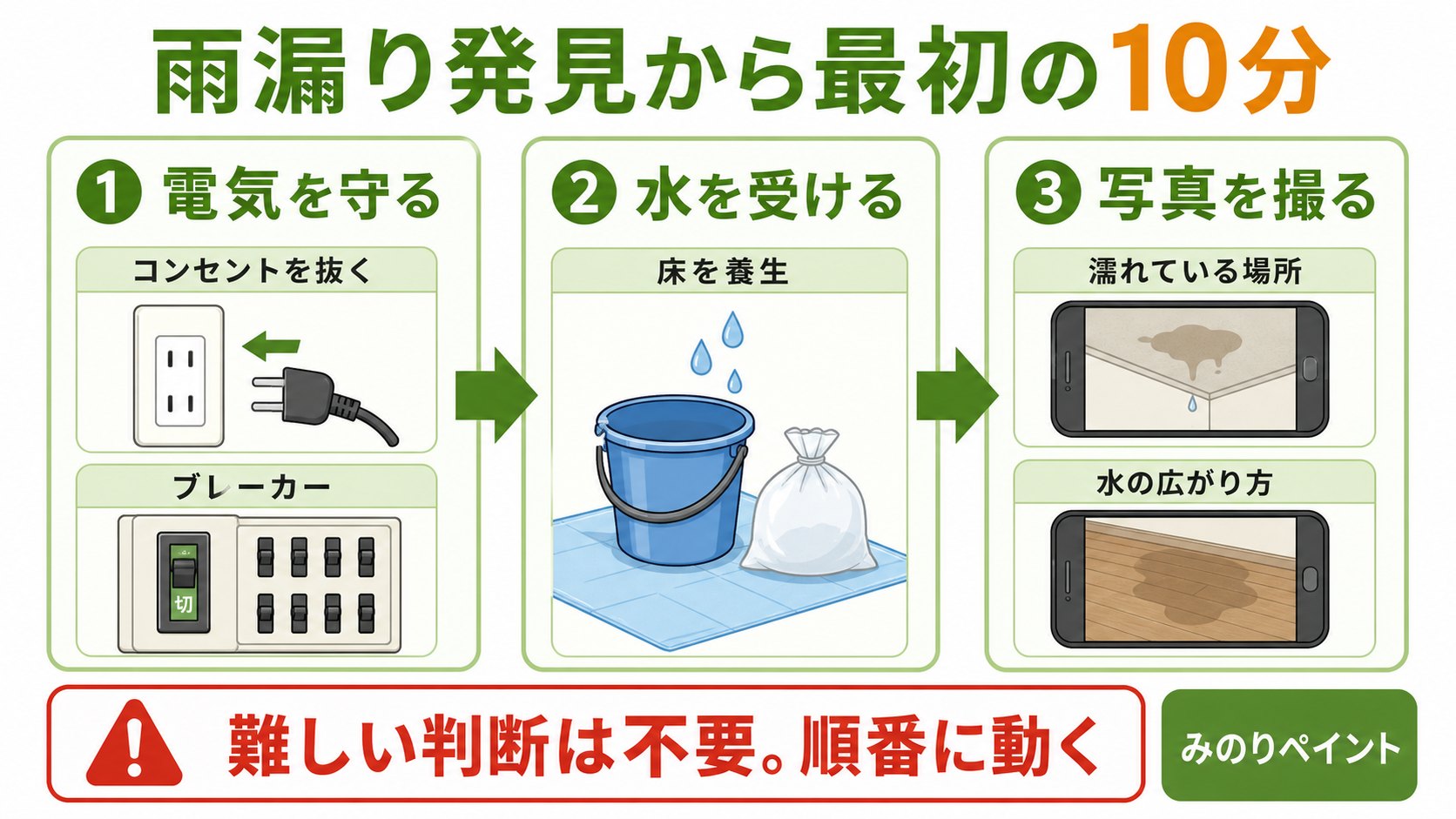 雨漏り発見から最初の10分でやる行動フロー。電気を守る、水を受ける、写真を撮るの3ステップ