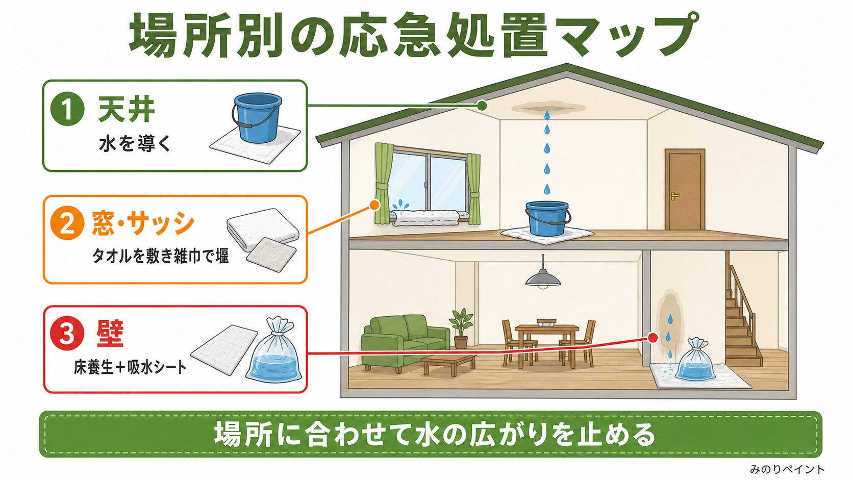 雨漏りの場所別応急処置マップ。天井、窓やサッシ、壁ごとに水の広がりを止める方法を示す図解