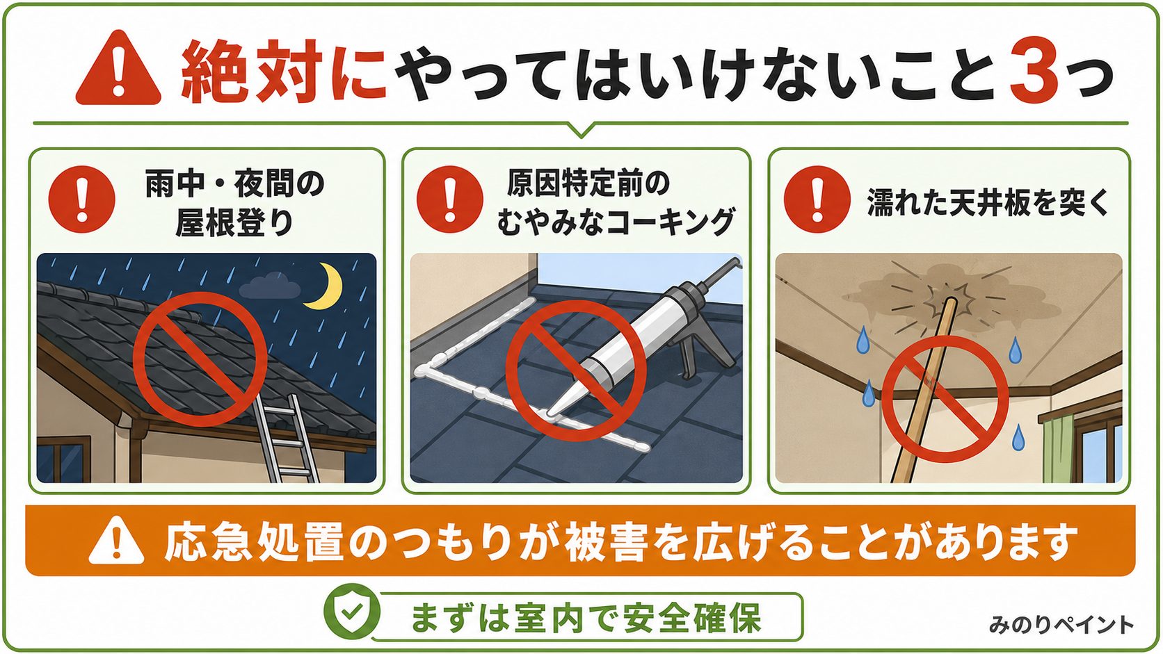 雨漏り時にやってはいけない3つ。雨中や夜間の屋根登り、原因特定前のコーキング、濡れた天井板を突くこと