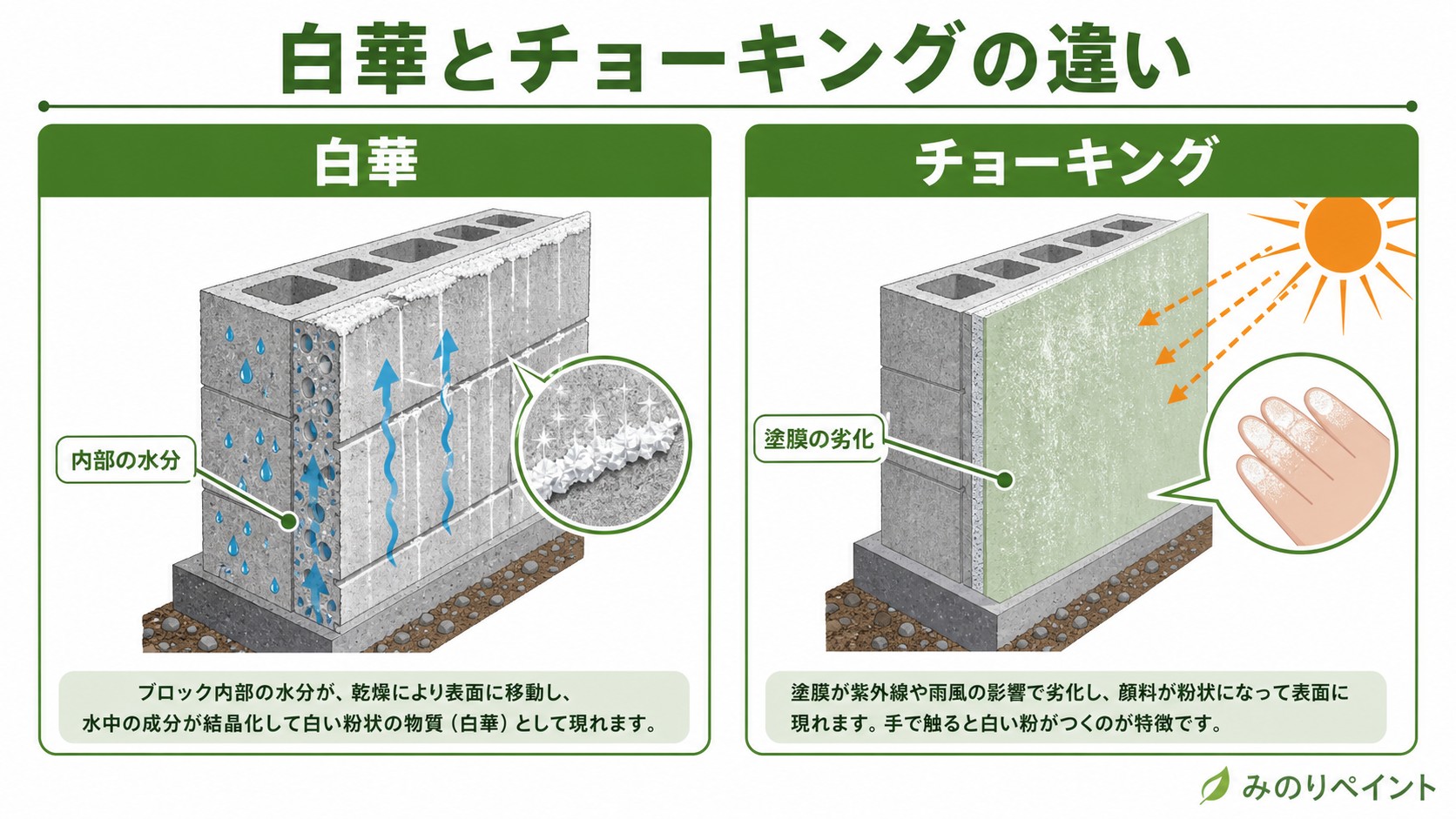ブロック塀の白華とチョーキングの違いを断面で比較した図解