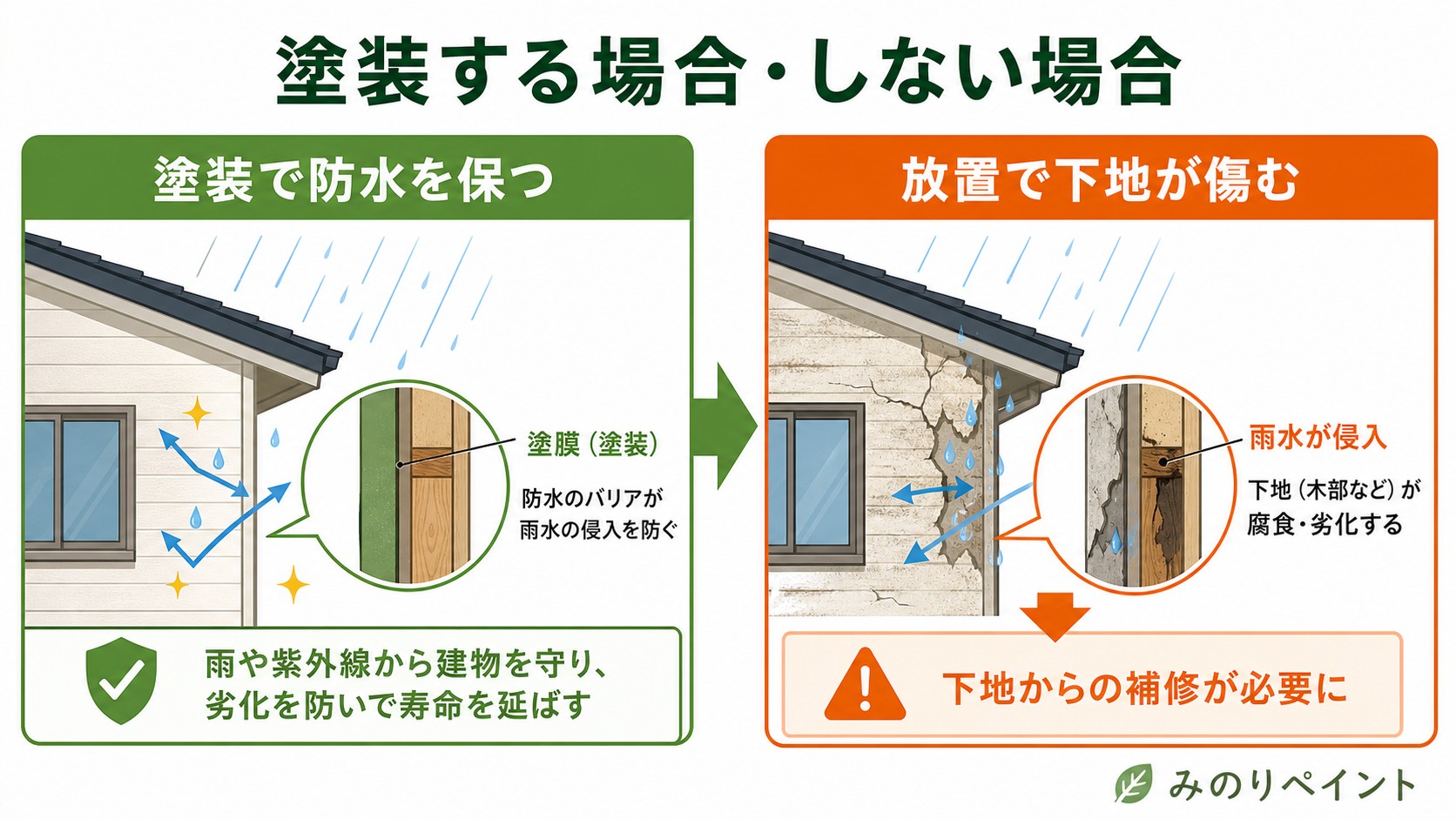 築40年の家で塗装して防水を保つ場合と放置して下地が傷む場合を比較した図解