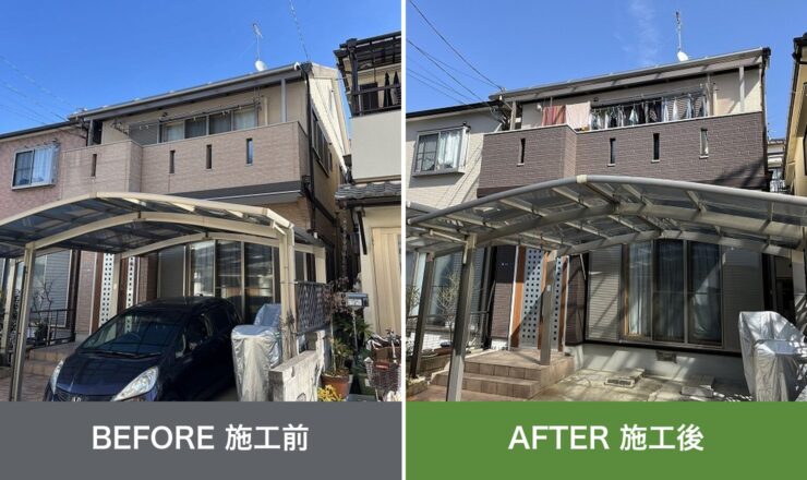 大東市の外壁塗装 施工前と施工後を並べた比較写真