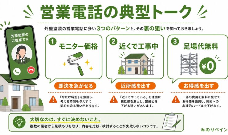 外壁塗装の営業電話でよくある典型トークと裏の狙いを示す図解