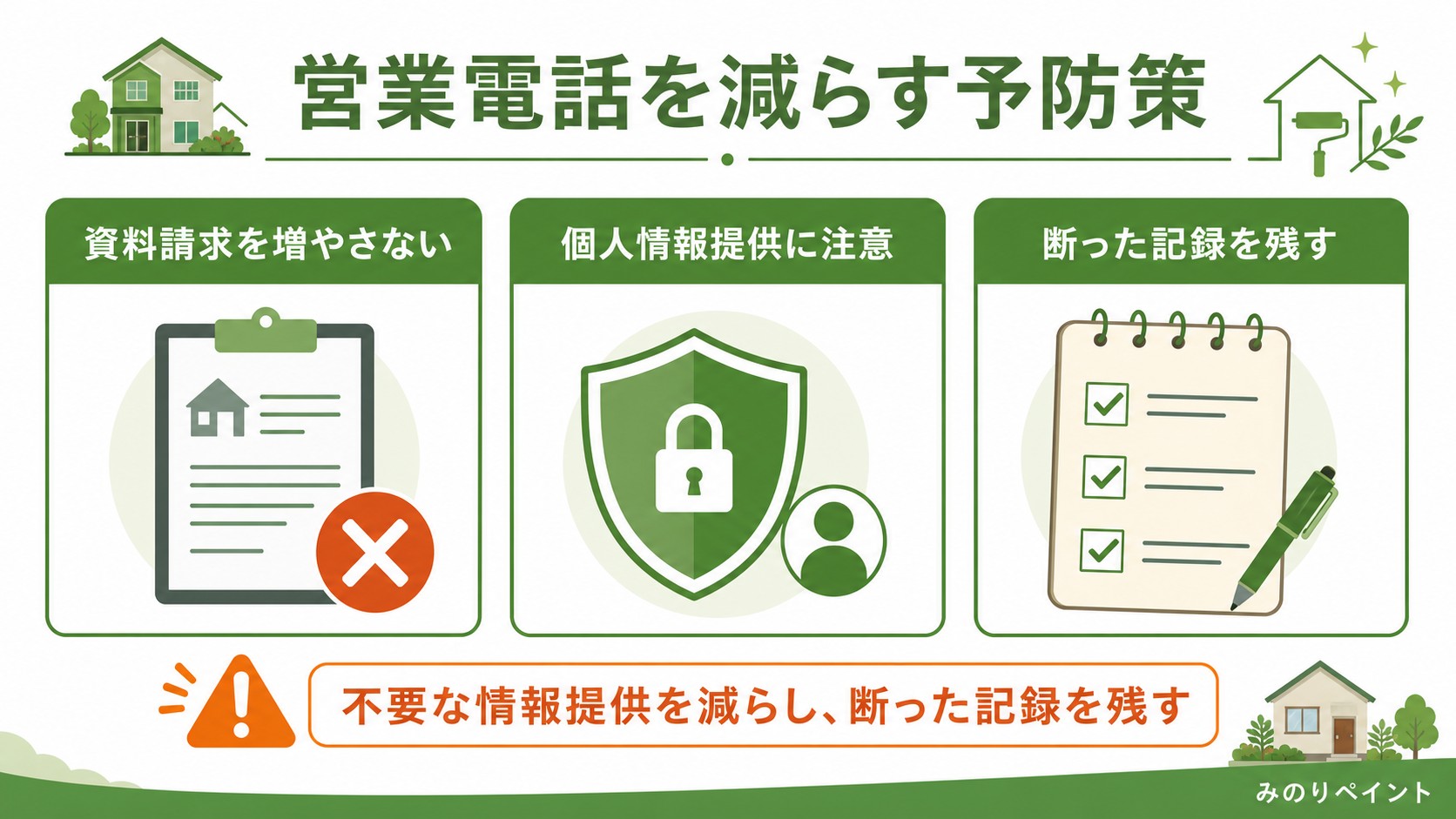 外壁塗装の営業電話を減らす予防策を示す図解