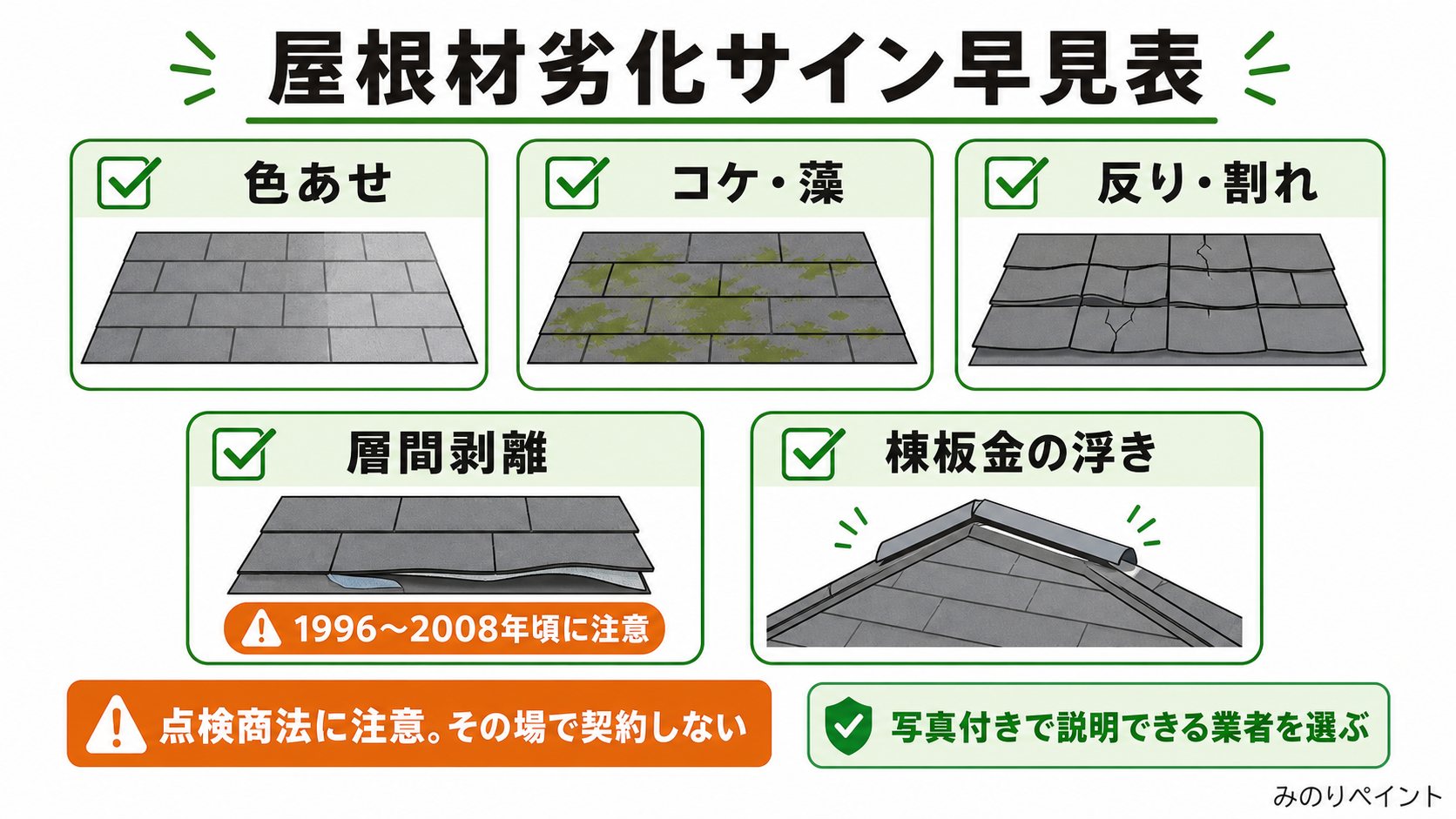 藤井寺市の屋根材劣化サインとして色あせ、コケ、反り割れ、層間剥離、棟板金の浮きを整理した早見表