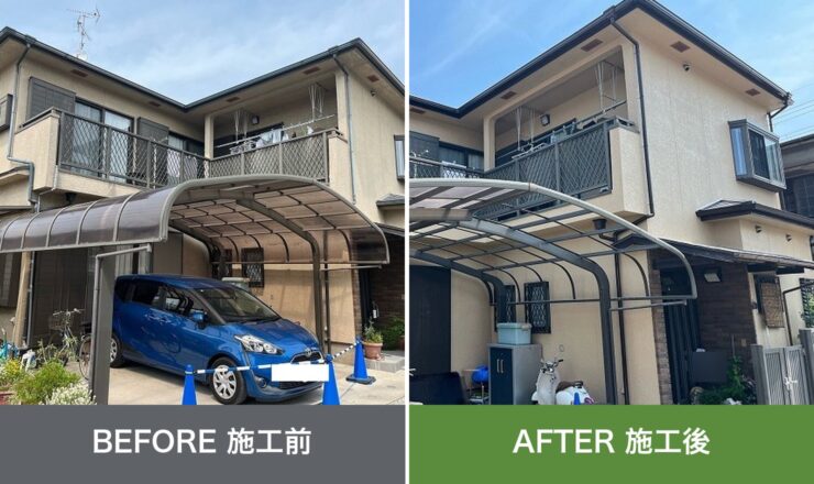 藤井寺市藤が丘の外壁塗装 施工前と施工後を並べた比較写真