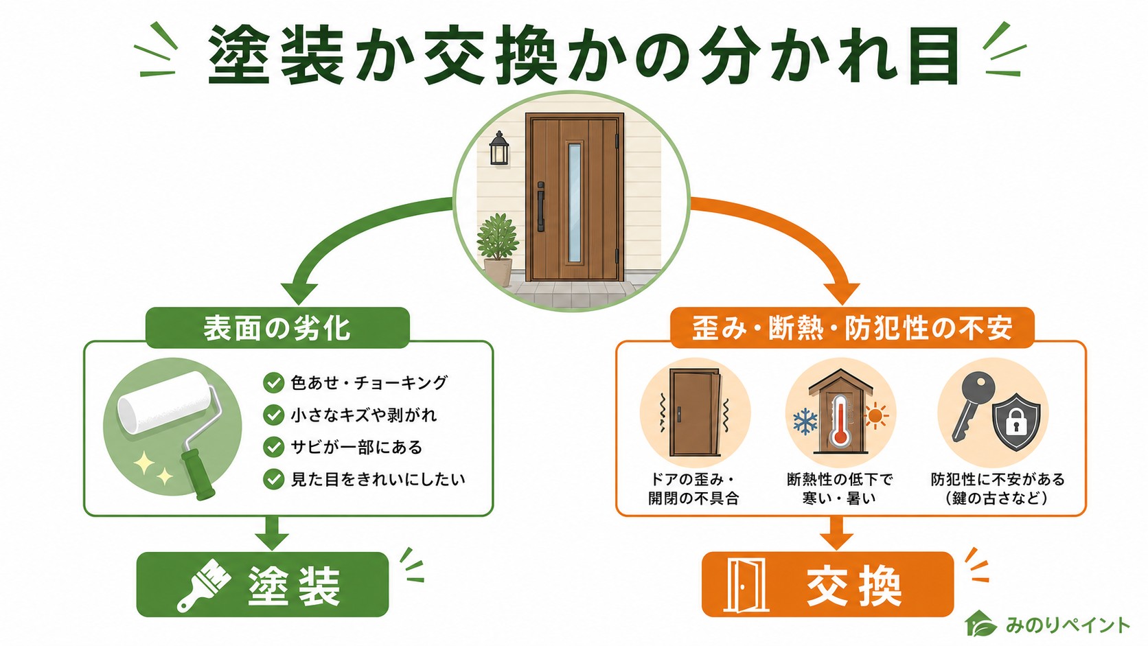 玄関ドアを塗装するか交換するかの分かれ目を示す図解